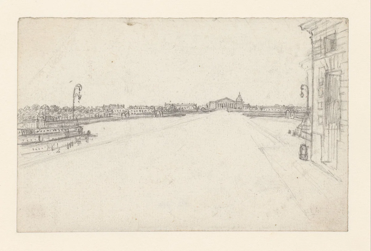 Gezicht van de Rue de la Paix naar de Chambre des Députés by Georges Michel, drawing, 1773-1843