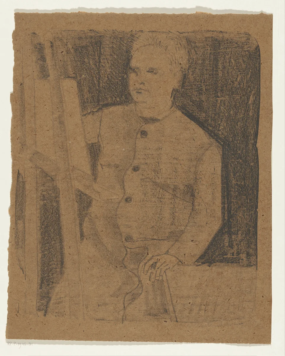 Zelfportret achter schildersezel by Samuel Jessurun de Mesquita, print, 1921