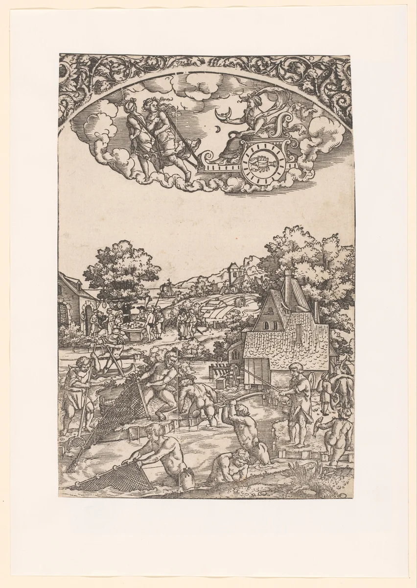 Luna in haar triomfwagen, daaronder haar planeetkinderen by anonymous, print, 1510-1550