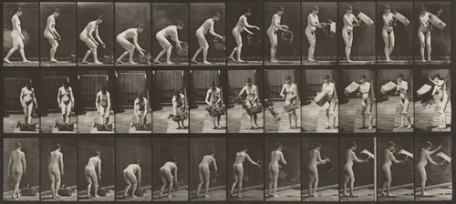 Plate Number 213. Lifting and emptying basket by Eadweard Muybridge, photograph, 1887