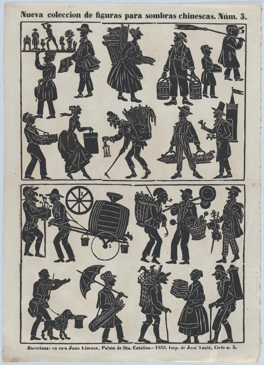 Sheet 3 of figures for Chinese shadow puppets by Juan Llorens, print, 1859