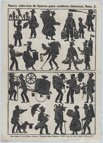 Sheet 3 of figures for Chinese shadow puppets by Juan Llorens, print, 1859