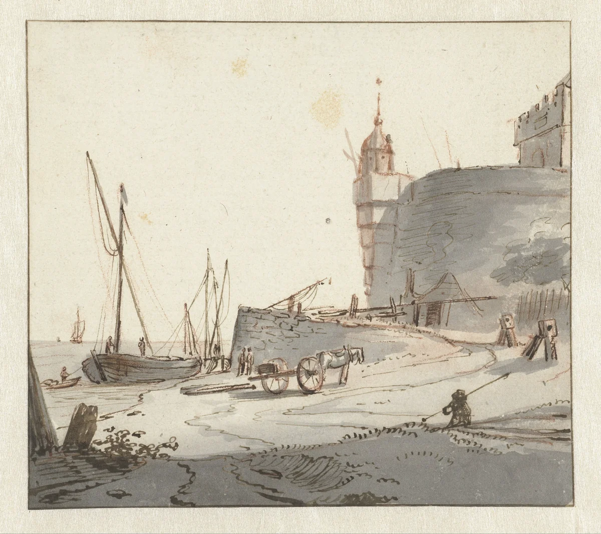 Gezicht op een haven bij een stadsmuur by Willem Schellinks, drawing, 1637-1678