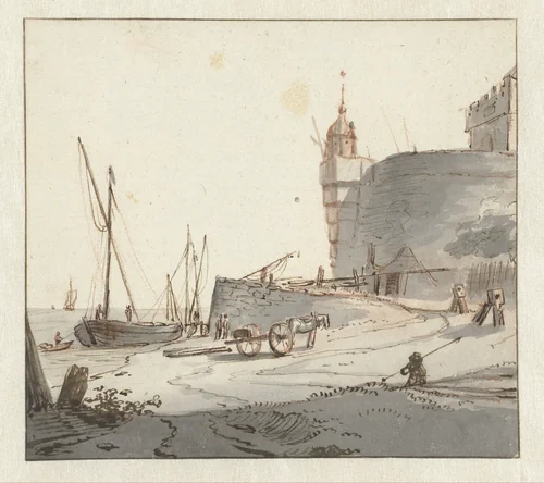 Gezicht op een haven bij een stadsmuur by Willem Schellinks, drawing, 1637-1678