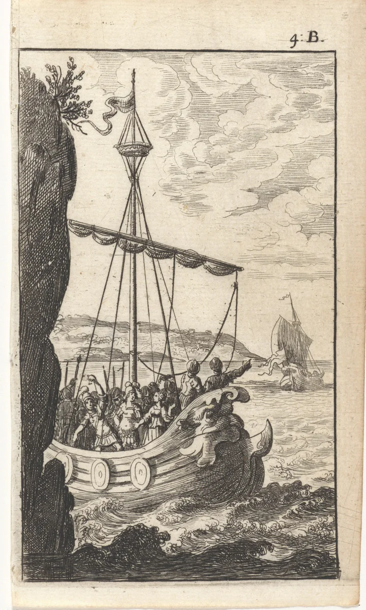 Twee galeien met soldaten op zee by Abraham Dircksz. Santvoort, print, 1666