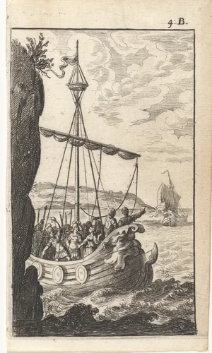 Twee galeien met soldaten op zee by Abraham Dircksz. Santvoort, print, 1666