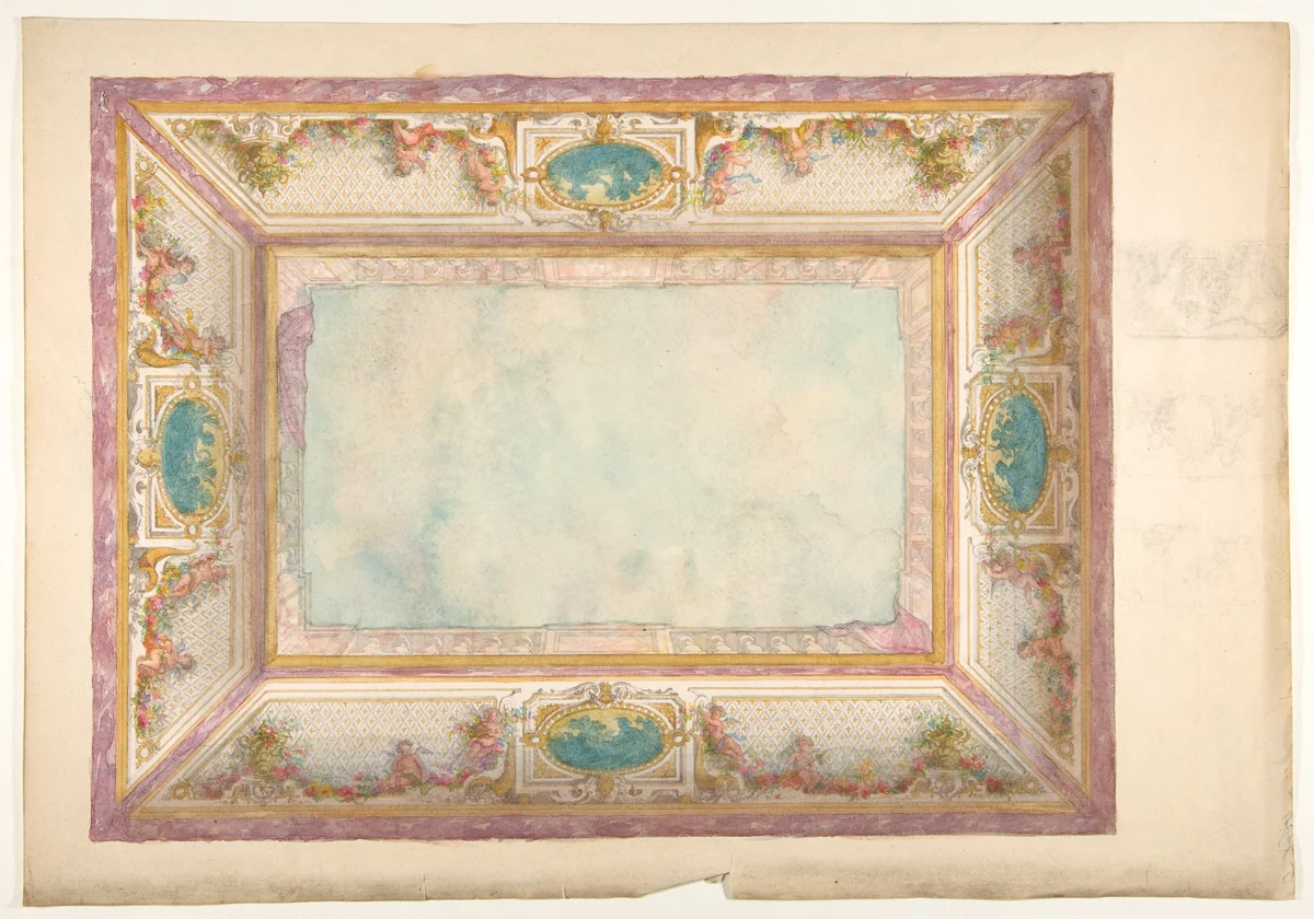 Design for a ceiling with trompe l'oeil balustrade and putti by Jules-Edmond-Charles Lachaise, drawing, 1850-1900