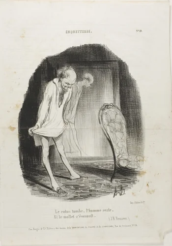 The Gown Falls, Man Remains, and the Legs are Shaking. (J.B. Rousseau), plate 10 from Coquetterie by Honoré-Victorin Daumier, print, 1840