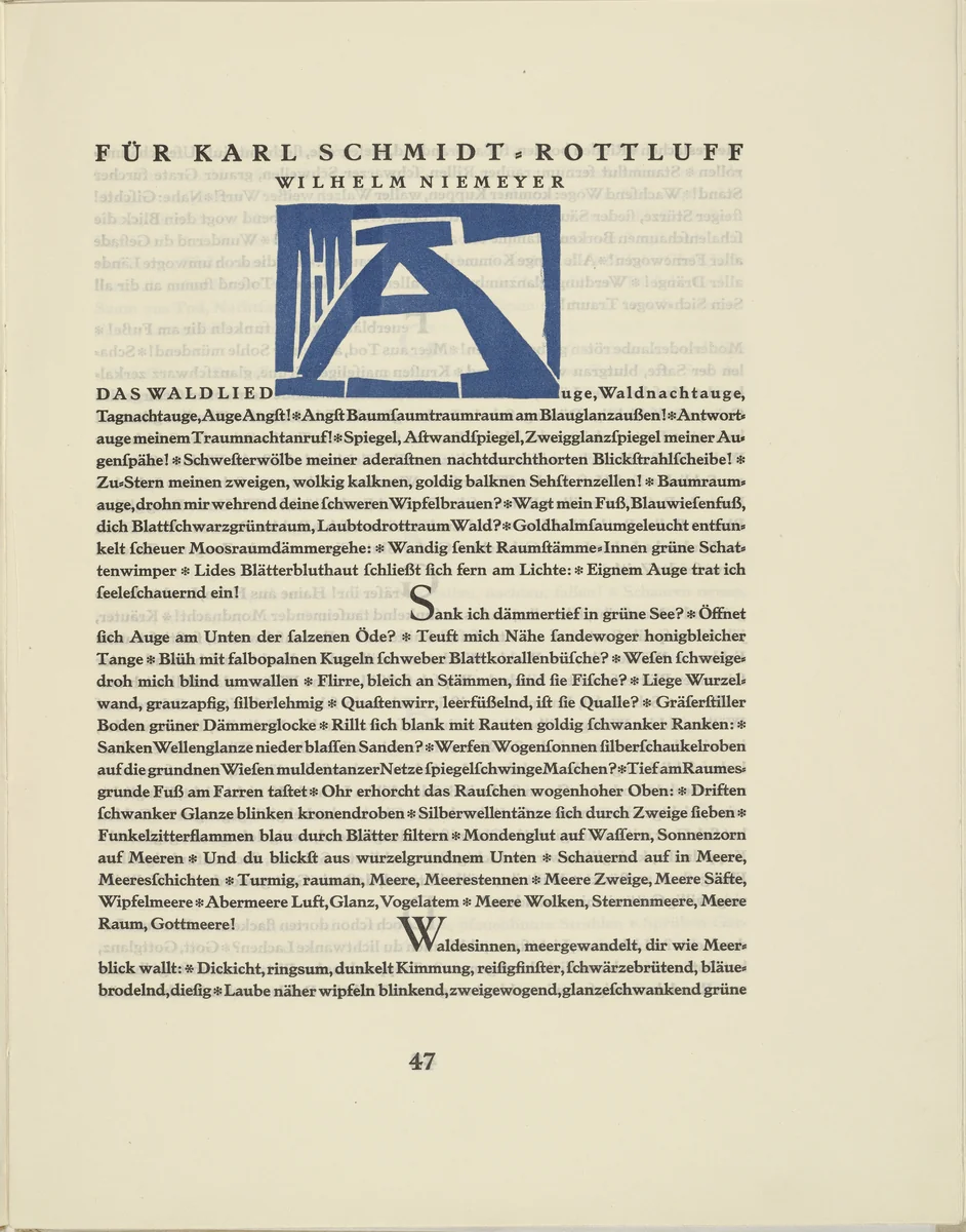 Ornamental initial 'A' from the periodical Kündung, vol. 1, no. 4, 5, 6 (April, May, June 1921), by Karl Schmidt-Rottluff, periodical, 1921
