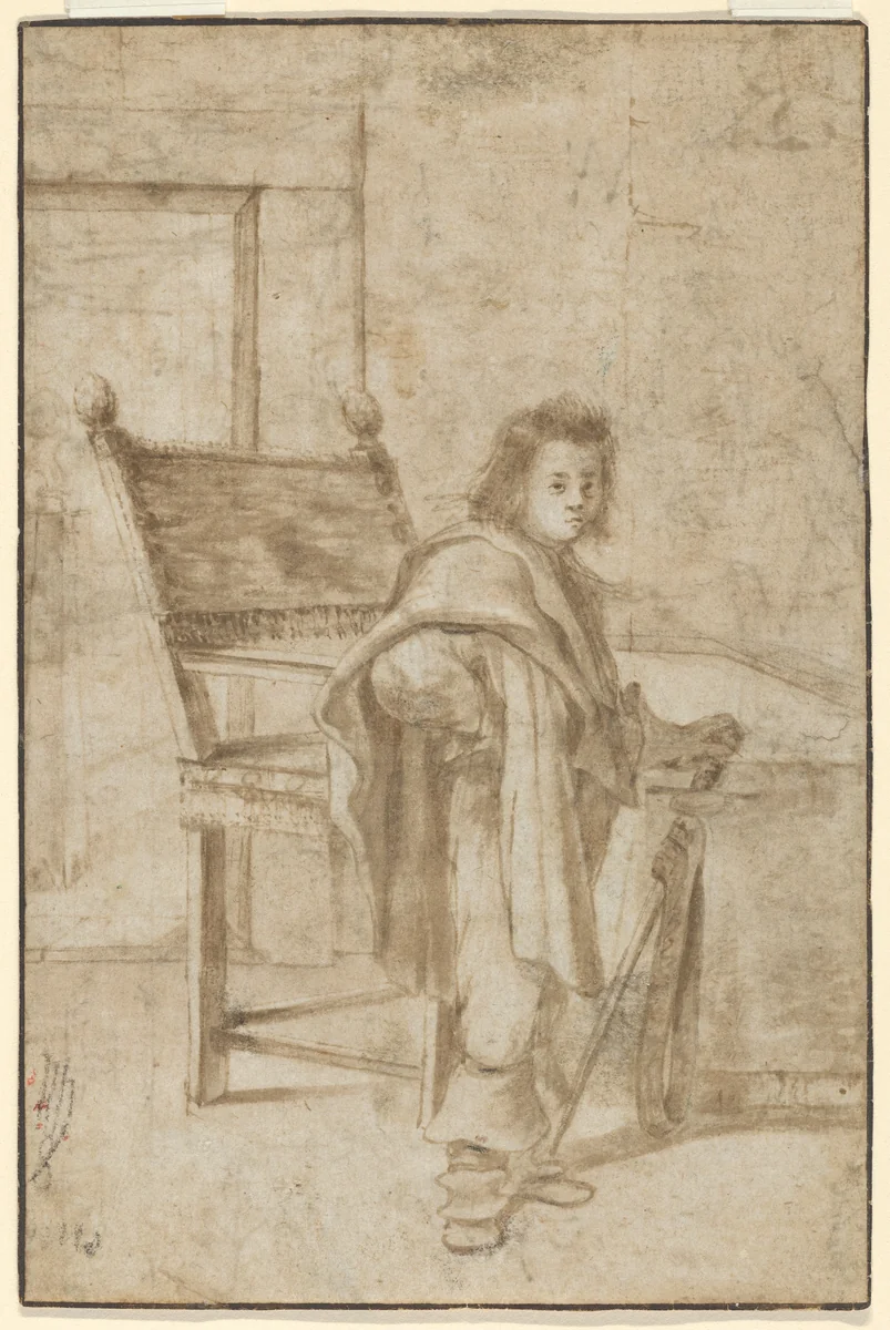 Boy Holding a Sword, Standing near a Table in an Interior (recto); Various Sketches of Figures and Ornamental Forms (verso) by anonymous, drawing, 1600-1700