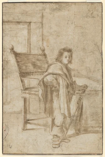 Boy Holding a Sword, Standing near a Table in an Interior (recto); Various Sketches of Figures and Ornamental Forms (verso) by anonymous, drawing, 1600-1700