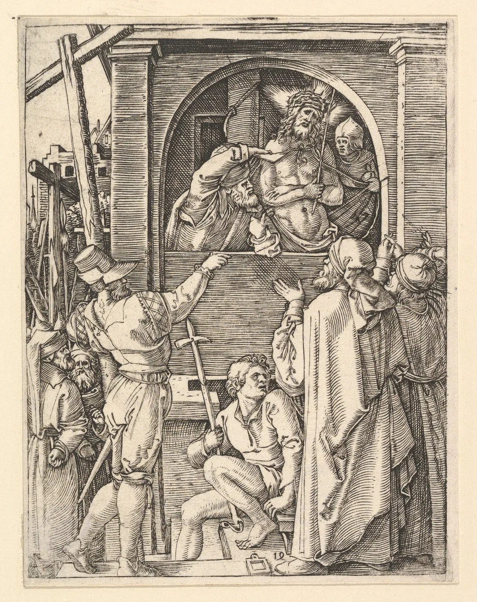 Ecce Homo: Christ wearing the crown of thorns standing in a loggia presented to a crowd, from "The Passion of Christ", after Dürer by Marcantonio Raimondi, print, 1495-1539