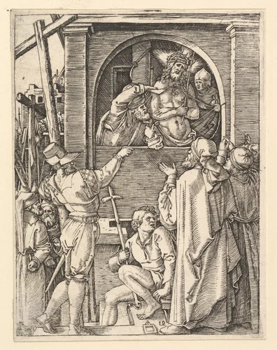 Ecce Homo: Christ wearing the crown of thorns standing in a loggia presented to a crowd, from "The Passion of Christ", after Dürer by Marcantonio Raimondi, print, 1495-1539