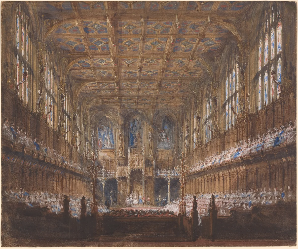 The State Opening of Parliament in the Rebuilt House of Lords by Joseph Nash, drawing, 1847