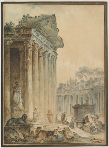 Capriccio with an Ancient Temple by Hubert Robert, drawing, 1751-1761