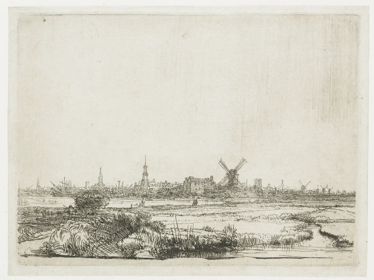Gezicht op Amsterdam vanaf de Kadijk by Rembrandt van Rijn, print, 1641