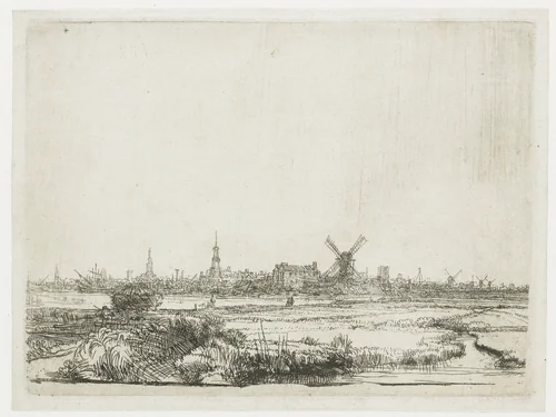 Gezicht op Amsterdam vanaf de Kadijk by Rembrandt van Rijn, print, 1641