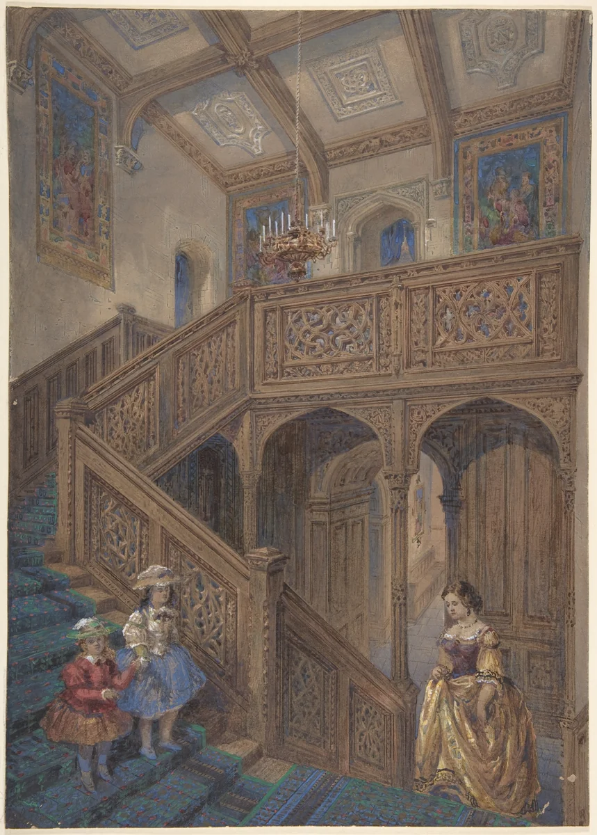 Design for a Jacobean-style Staircase (recto); Architectural Element Design (verso) by Matthew Digby Wyatt, drawing, 1862-1872