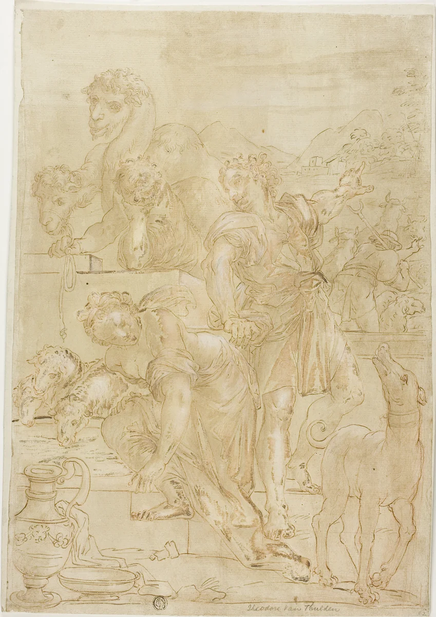 Isaac and Rebecca at Well by Theodor van Thulden, drawing, 1626-1669