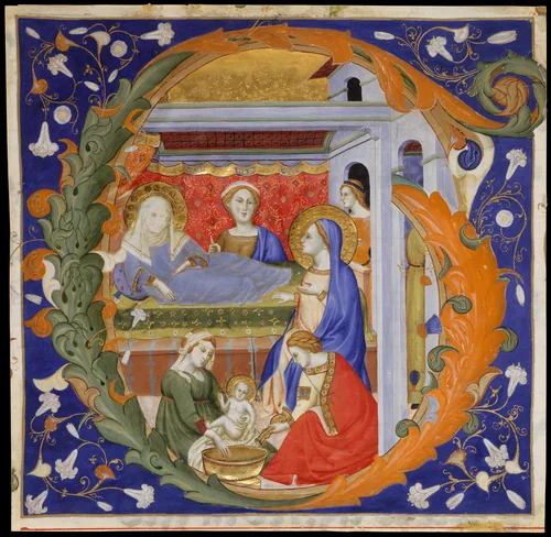 Manuscript Illumination with the Birth of the Virgin in an Initial G, from a Gradual by Don Silvestro de' Gherarducci, manuscript, 1375