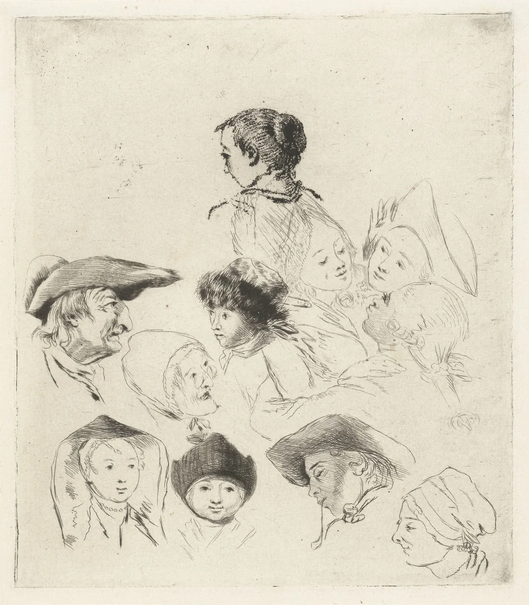 Studieblad met elf hoofden by Louis Bernard Coclers, print, 1756-1817