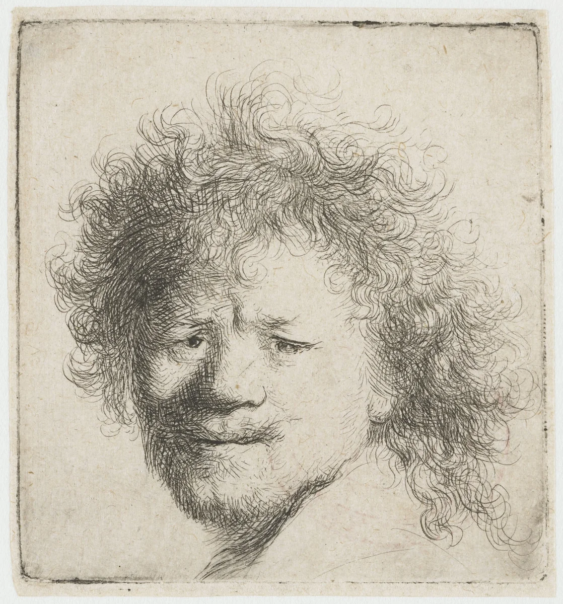Self-portrait with long bushy hair: head only by Rembrandt van Rijn, print, 1631