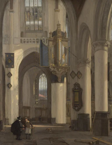 Interior of a Protestant Gothic Church with Motifs from the Oude and Nieuwe Kerk in Amsterdam by Emanuel de Witte, painting, 1677