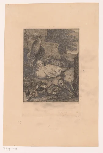 Kippen, eenden en een haan by Edmond Lambrichs, print, 1877