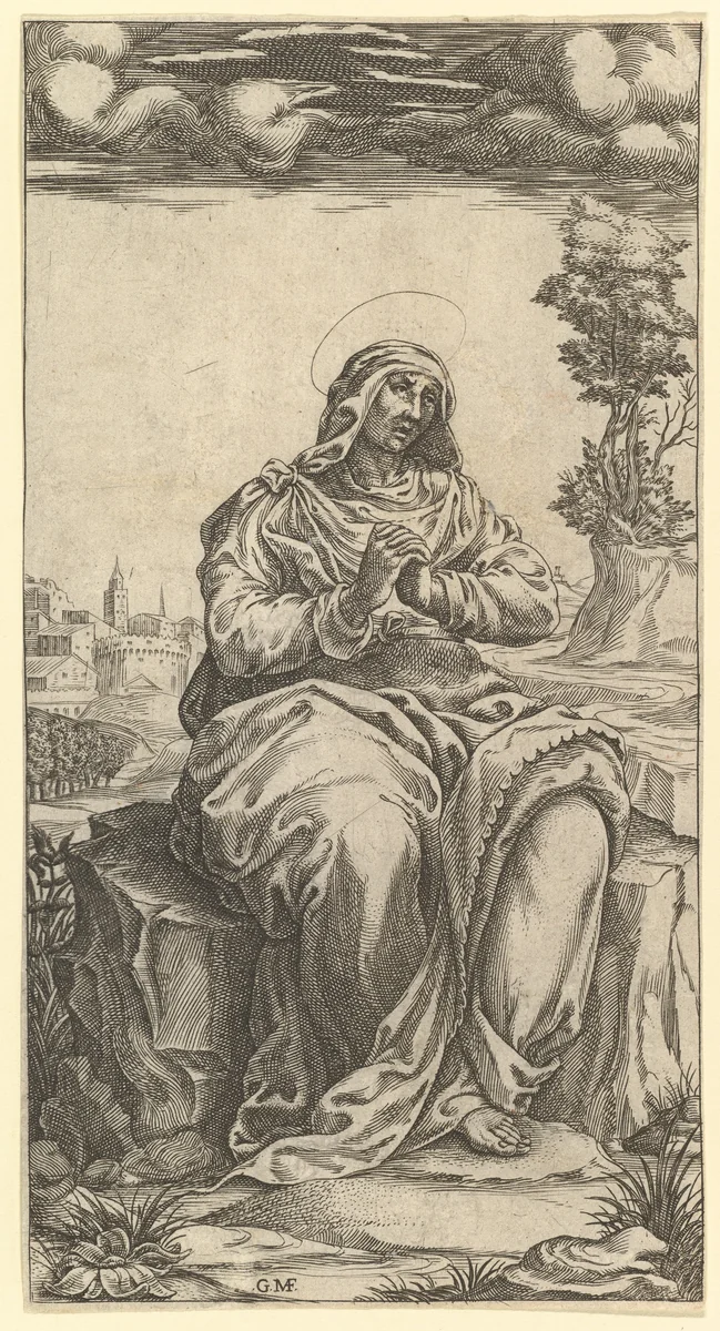 The Virgin of Sorrows; central part of a print with nine surounding compartments, now separated by Giorgio Ghisi, print, 1520-1582
