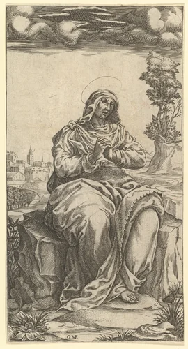 The Virgin of Sorrows; central part of a print with nine surounding compartments, now separated by Giorgio Ghisi, print, 1520-1582