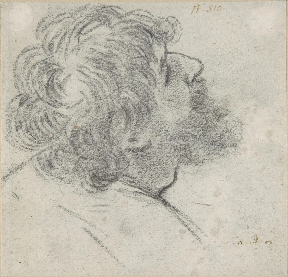 Head of a Bearded Man Looking to Upper Right (recto); Head of an Old Man and a Drapery Study (verso) by Giacomo Cavedone, drawing, 1577-1660