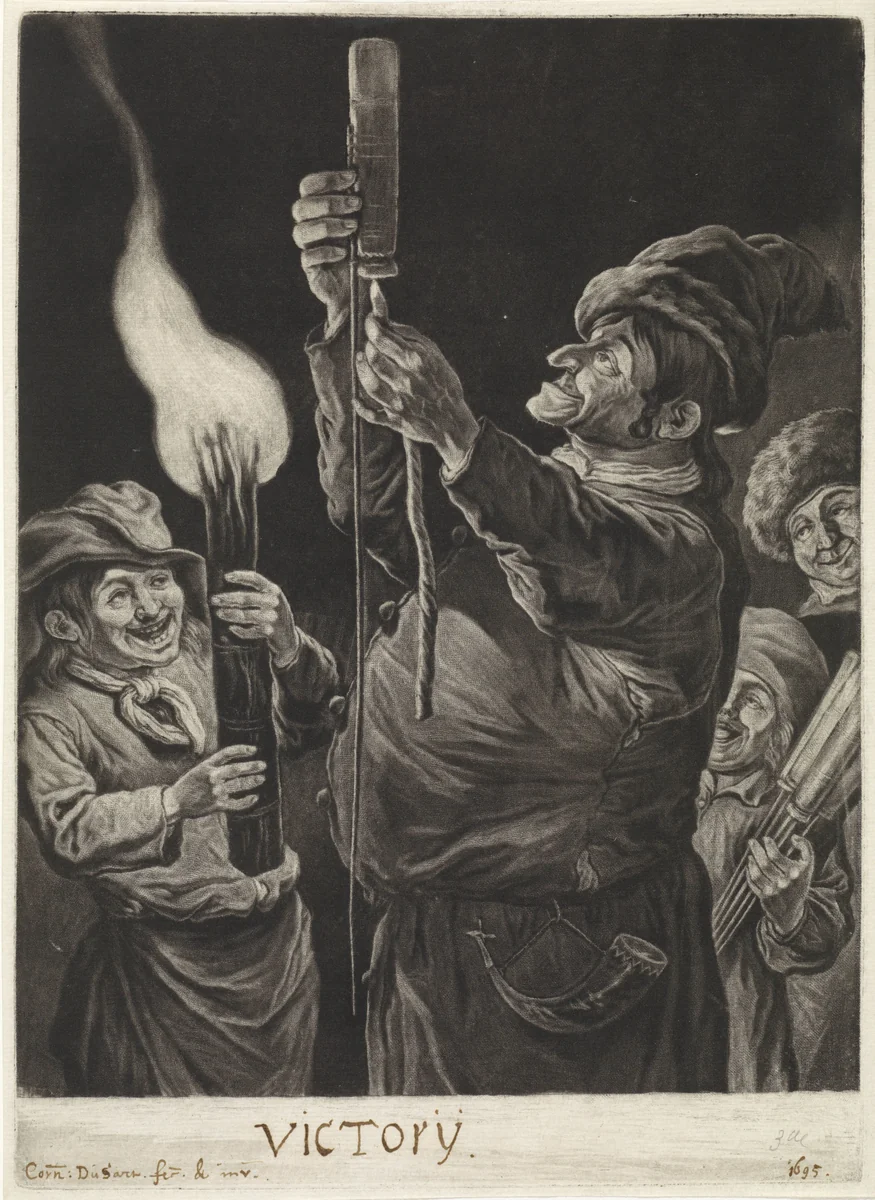 De man met een vuurpijl, met toeschouwers, 1695 by Jacob Gole, print, 1695-1724