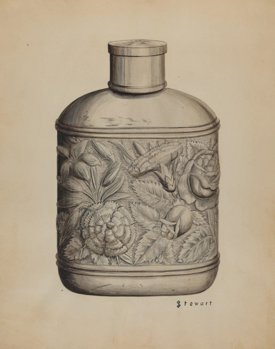 Silver Whiskey Flask by Robert Stewart, index of american design, 1937
