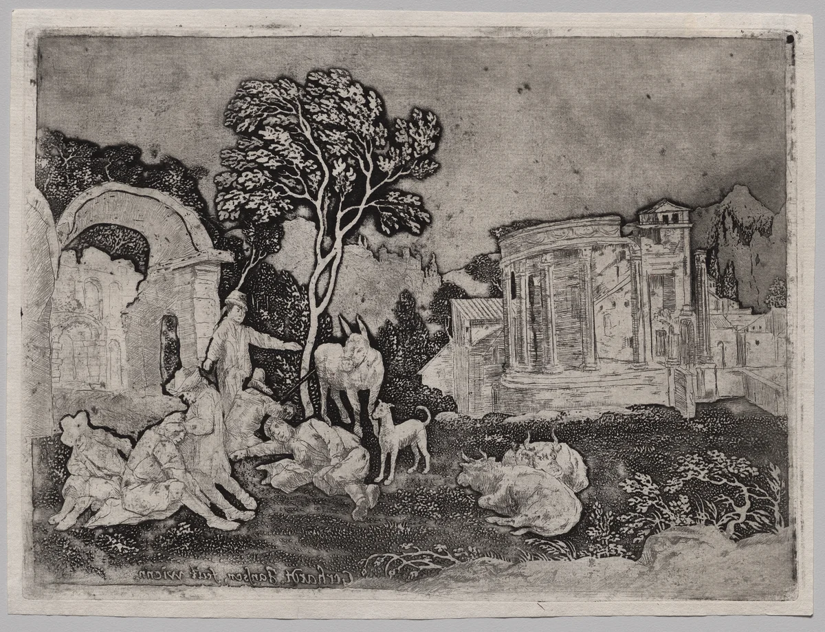 Pastoral Landscape with Ruins by Gerhardt Janssen, print, 1717-1727