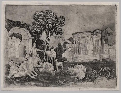 Pastoral Landscape with Ruins by Gerhardt Janssen, print, 1717-1727