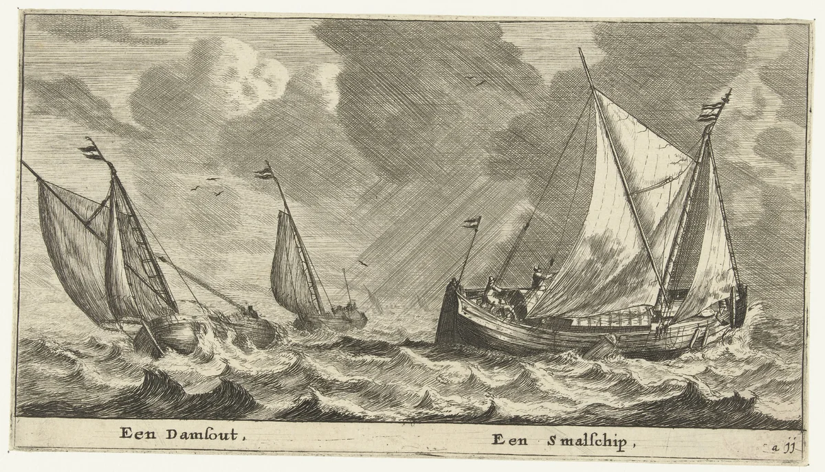 Twee schepen: een damschuit een een smalschip by Reinier Nooms, print, 1652-1654