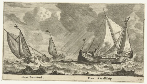 Twee schepen: een damschuit een een smalschip by Reinier Nooms, print, 1652-1654