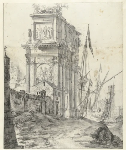 Capriccio met antieke triomfboog by Jan Abrahamsz. Beerstraten, drawing, 1600-1699