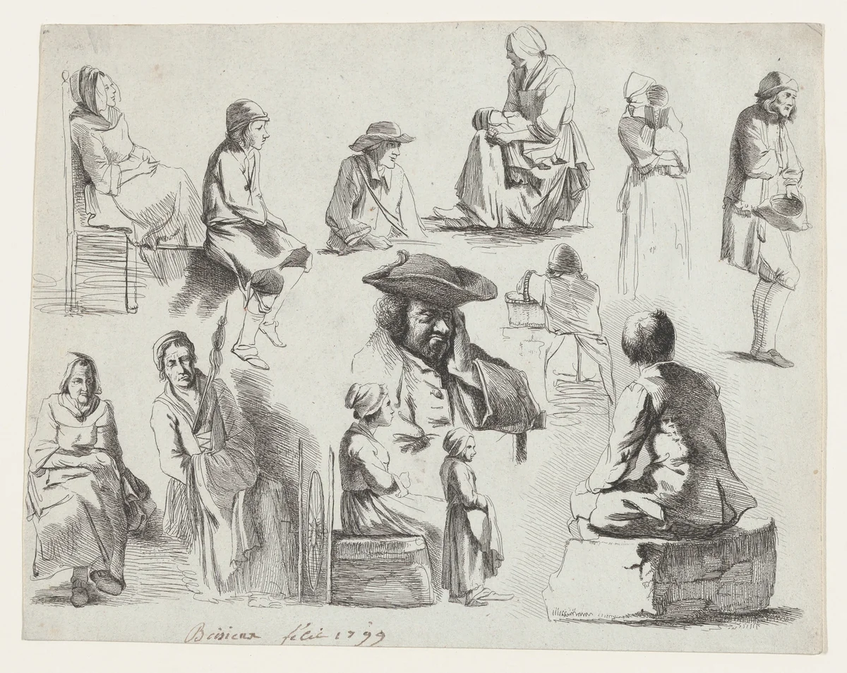 Study of Thirteen Figures by Jean Jacques de Boissieu, print, 1800-1899