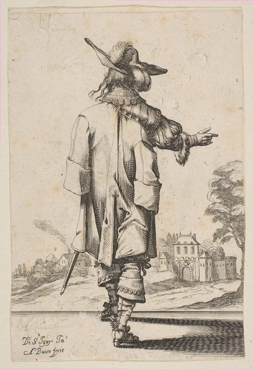 Gentleman Seen from the Back Pointing towards a Chateau by Abraham Bosse, print, 1629