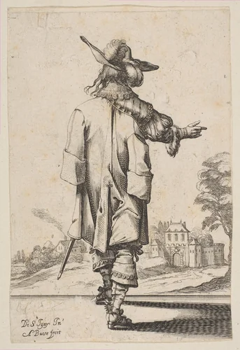 Gentleman Seen from the Back Pointing towards a Chateau by Abraham Bosse, print, 1629