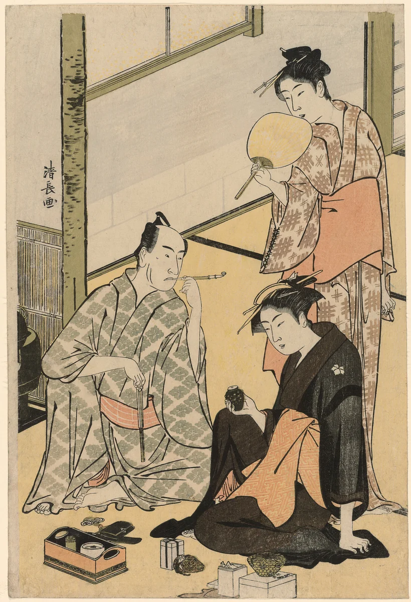 The Actor Matsumoto Koshiro IV with his family, from an untitled series of four prints showing Actors in private life by Torii Kiyonaga (鳥居清長), print, 1778-1789