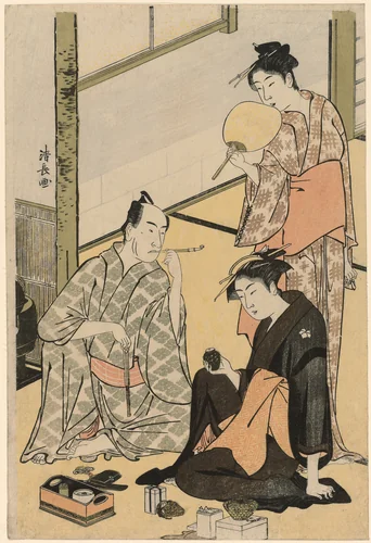 The Actor Matsumoto Koshiro IV with his family, from an untitled series of four prints showing Actors in private life by Torii Kiyonaga (鳥居清長), print, 1778-1789