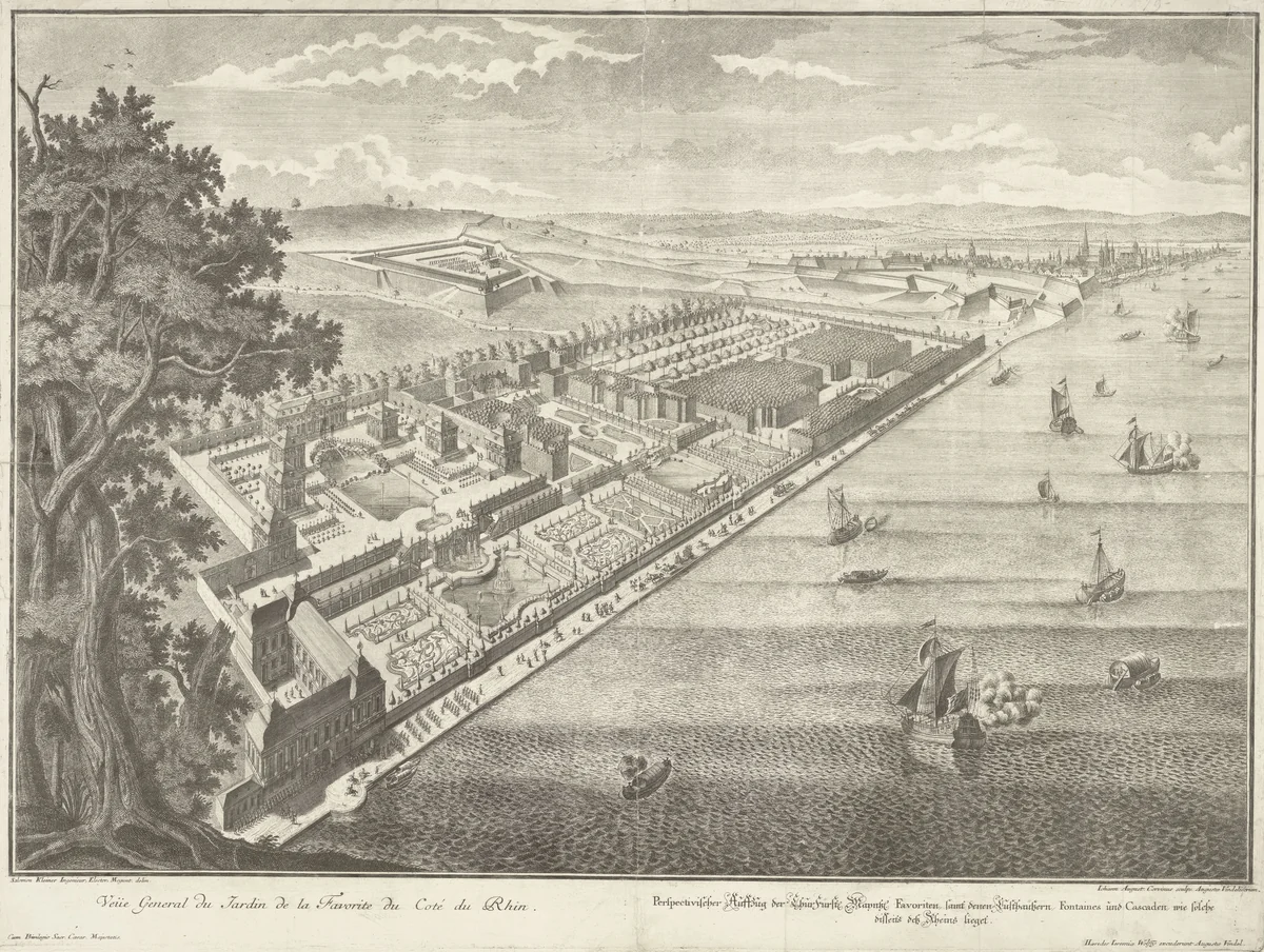 Gezicht op de tuin Favoriten aan de Rijn by Johann August Corvinus, print, 1693-1738