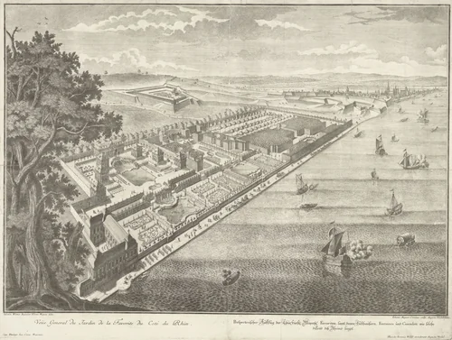 Gezicht op de tuin Favoriten aan de Rijn by Johann August Corvinus, print, 1693-1738