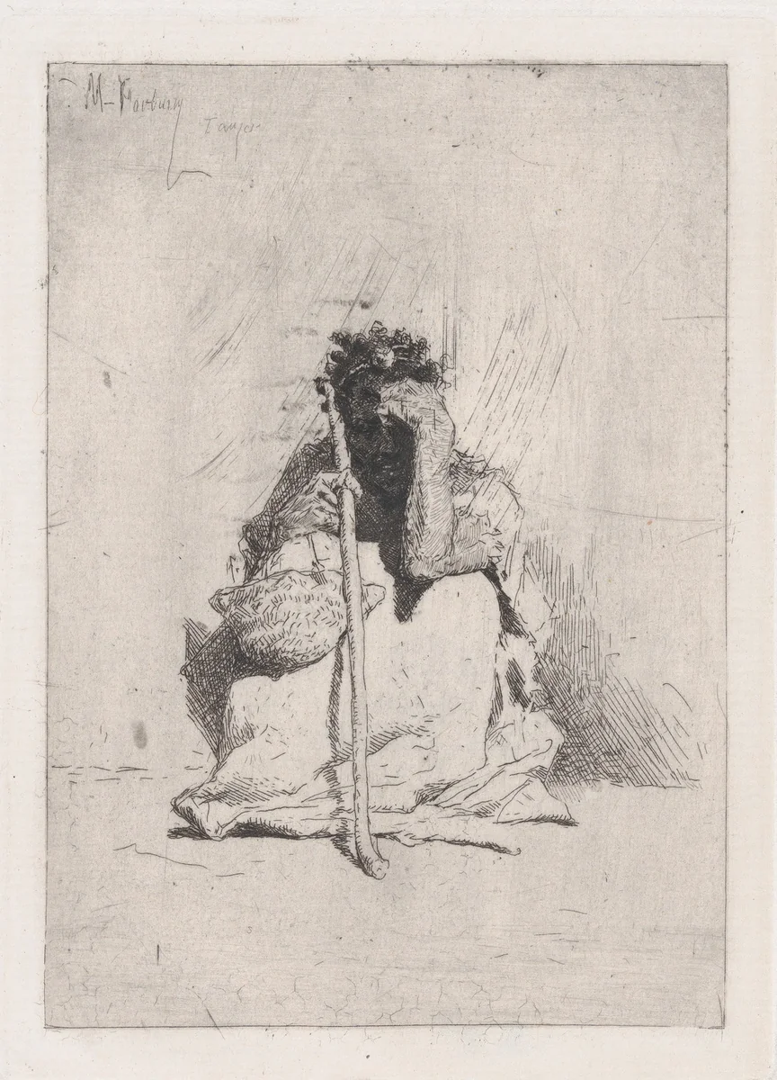 A beggar, seated on the ground holding a stick by Mariano Fortuny, print, 1862