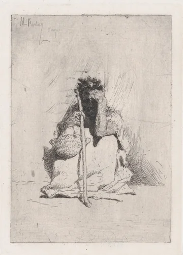 A beggar, seated on the ground holding a stick by Mariano Fortuny, print, 1862
