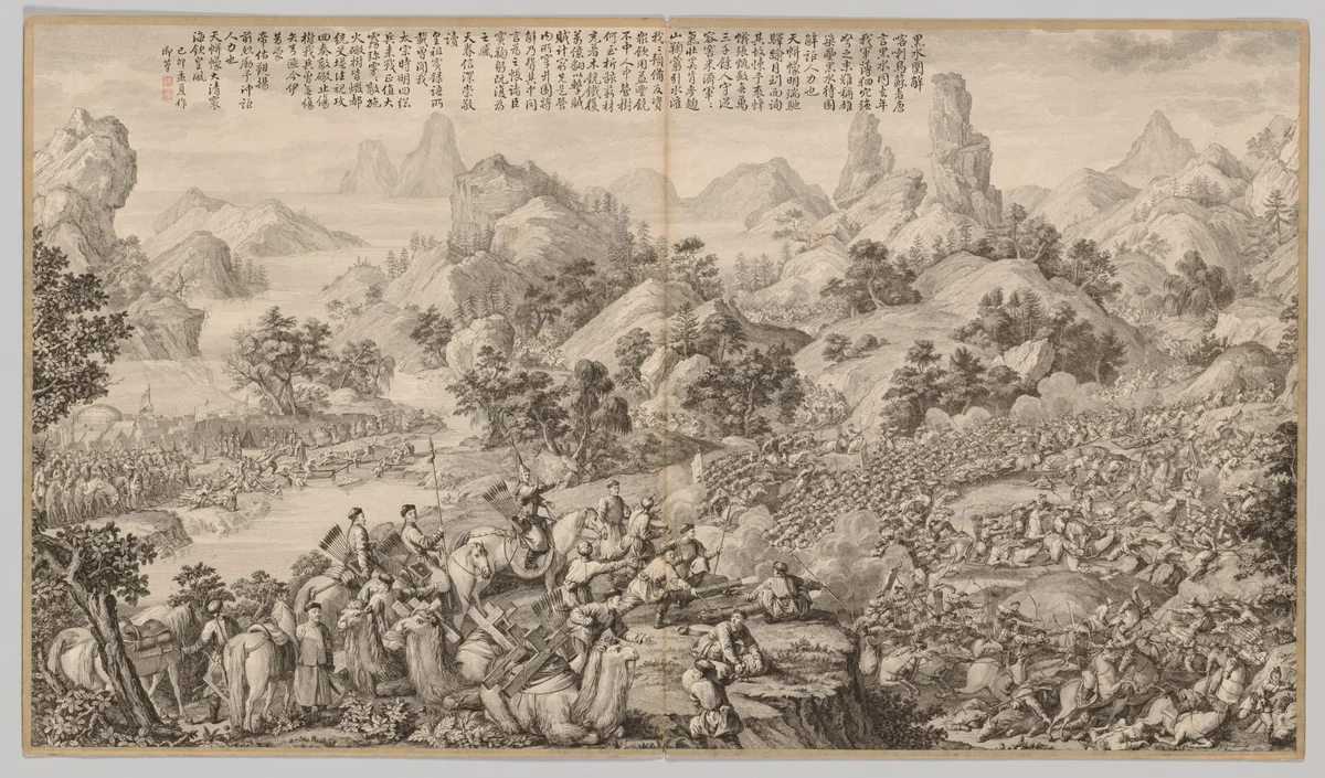 Breaking Through the Siege at Hesui: from Battle Scenes of the Quelling of Rebellions in the Western Regions, with imperial Poems by Giuseppe Castiglione (郎世寧), print, 1759-1774
