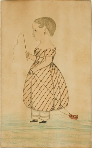 Standing Girl in Profile to Left with Whip and Toy Sleigh by Unknown Artist, painting, 1800-1899