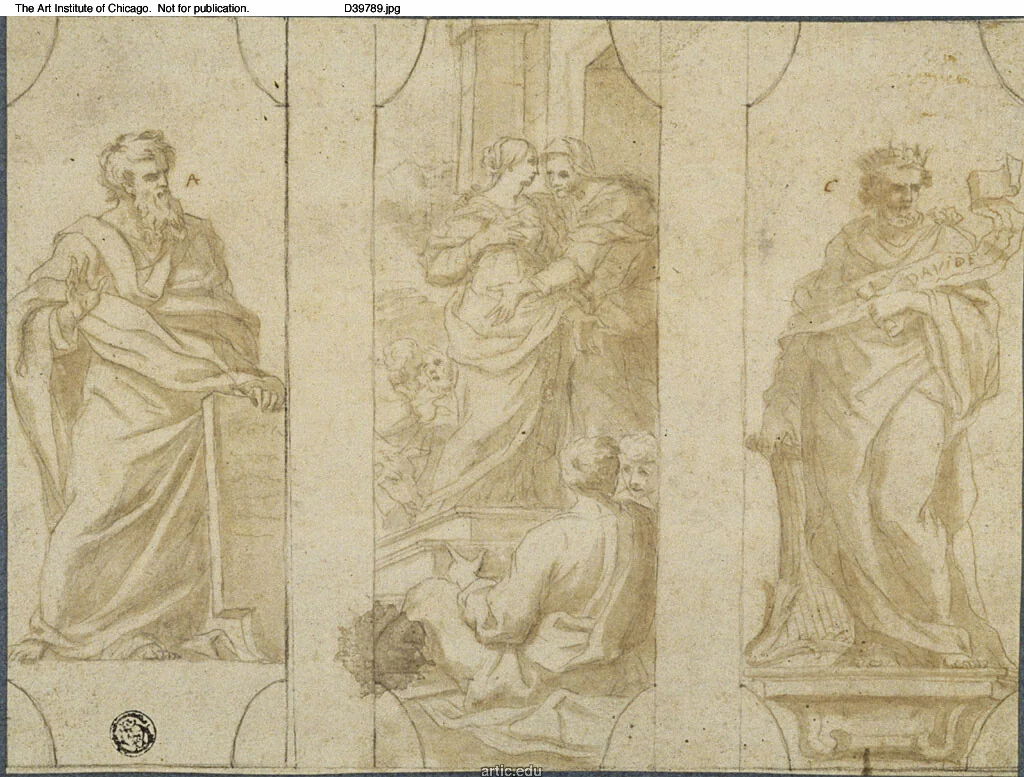 Three Panels: Visitation Flanked by Standing Figures of David and Unidentified Prophet by Giovanni Francesco Romanelli, drawing, 1600-1699